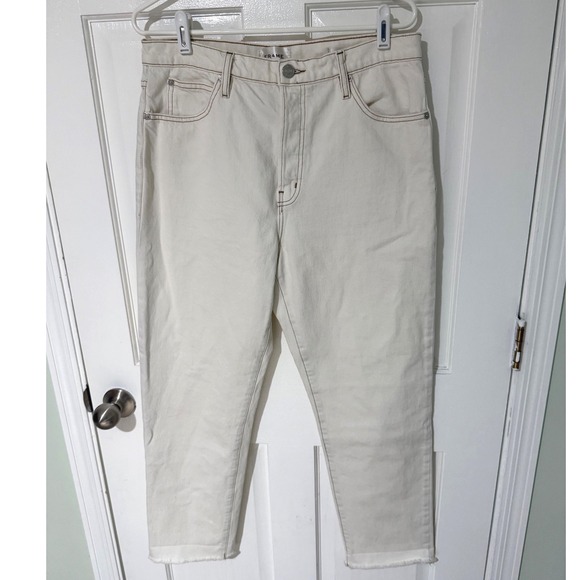 FRAME Denim - FRAME Le Mec Off White Contrast Stitch Raw Hem Straight Leg Jeans 29